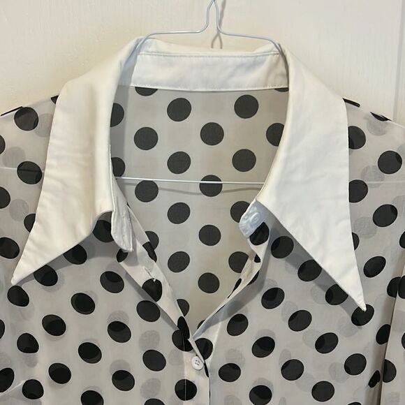 New Sheer Polka Dot Blouse with White Collar and Ruched sleeves - Picture 2 of 6